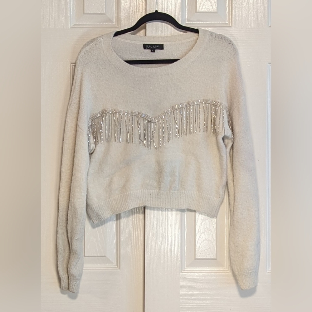 5/$25 On 12th Cream Sweater with Metallic/Crystal Fringe